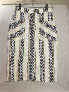 Anthropologie Quincy Button Embroidered Eyelet Pencil Linen Striped Midi Skirt